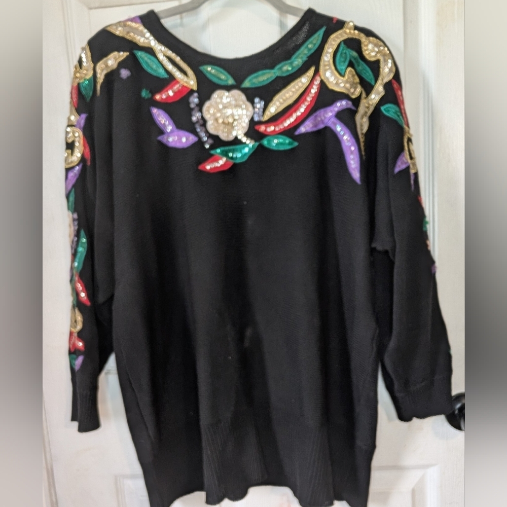 Vintage Victoria Harbour Black Sweater with Colorful Embellishments‎ 0074